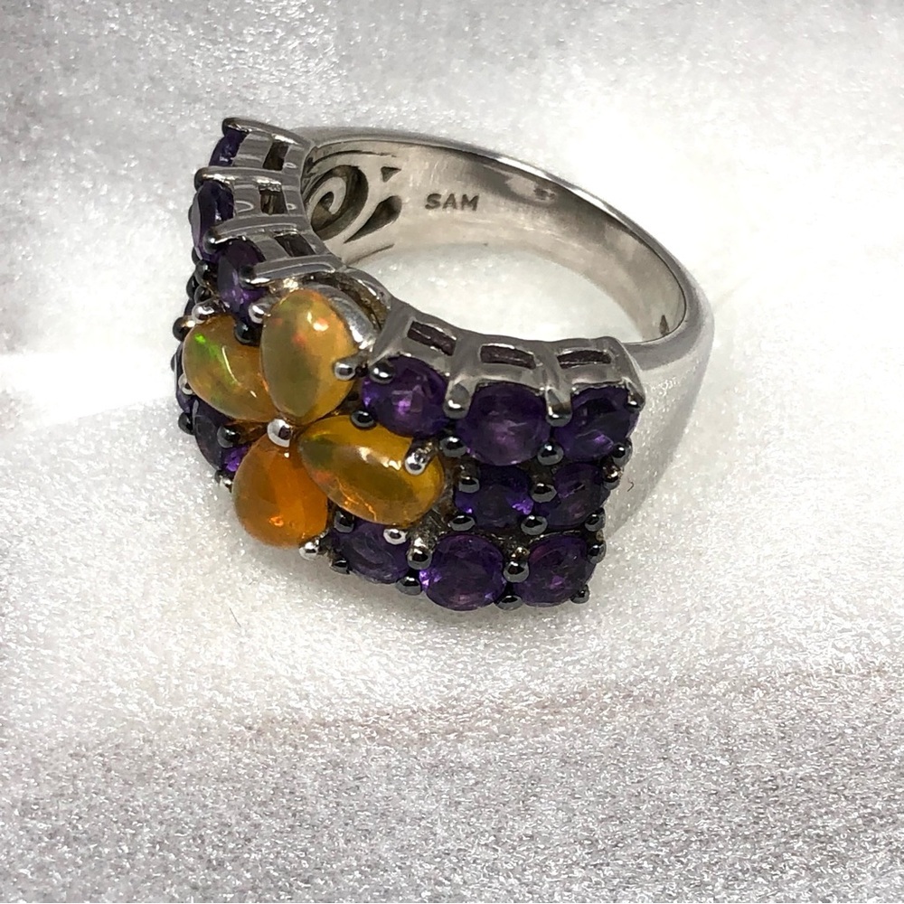 Ethiopian Opal & Rhodolite Ring Rhodium Over Sterling Silver Band Size 5.75 - Picture 6 of 16